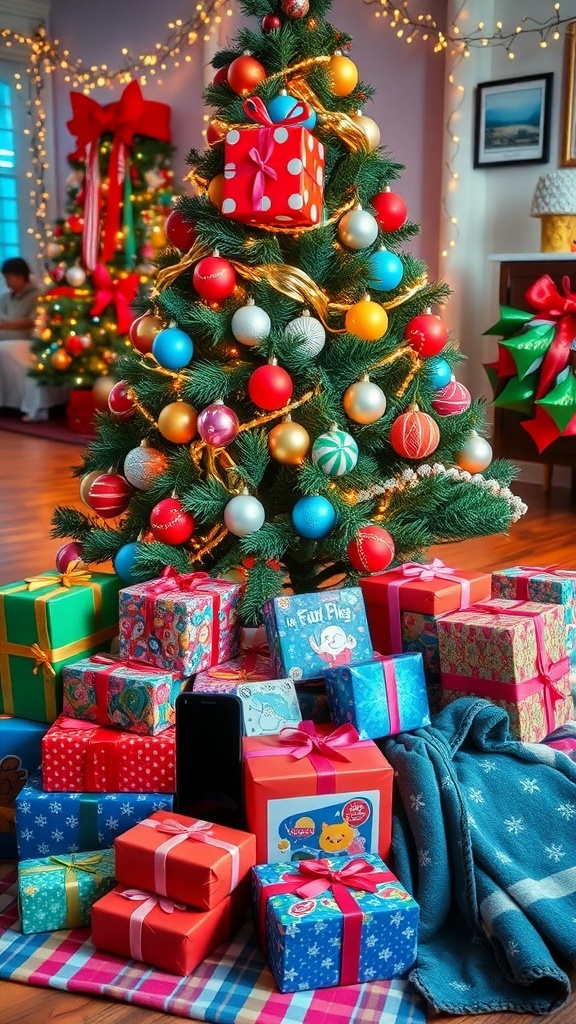 Creative Christmas Wishlist Ideas A Christmas tree with gifts and wishlist items like tech gadgets and cozy blankets.